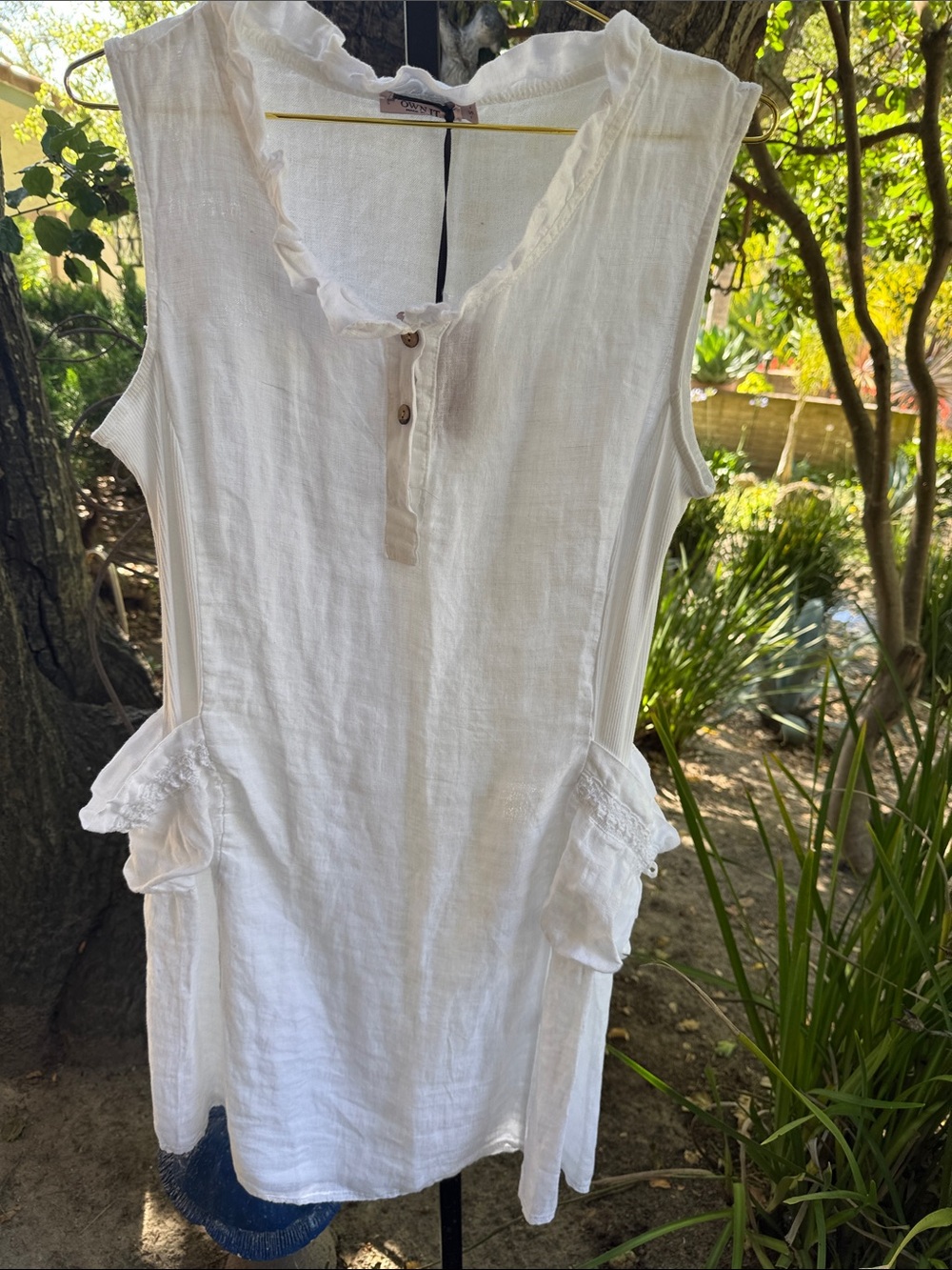 White Linen Ruffle-Trim Sleeveless Dress